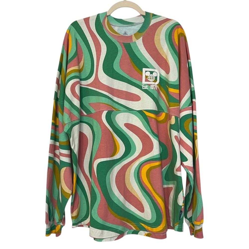 Walt Disney World Swirl Spirit Jersey Shirt Green Pink Size XL NWT Retro 70s